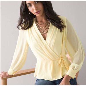 White House|Black Market Long-Sleeve Yellow Pleat-Back Surplice Blouse Womens Si